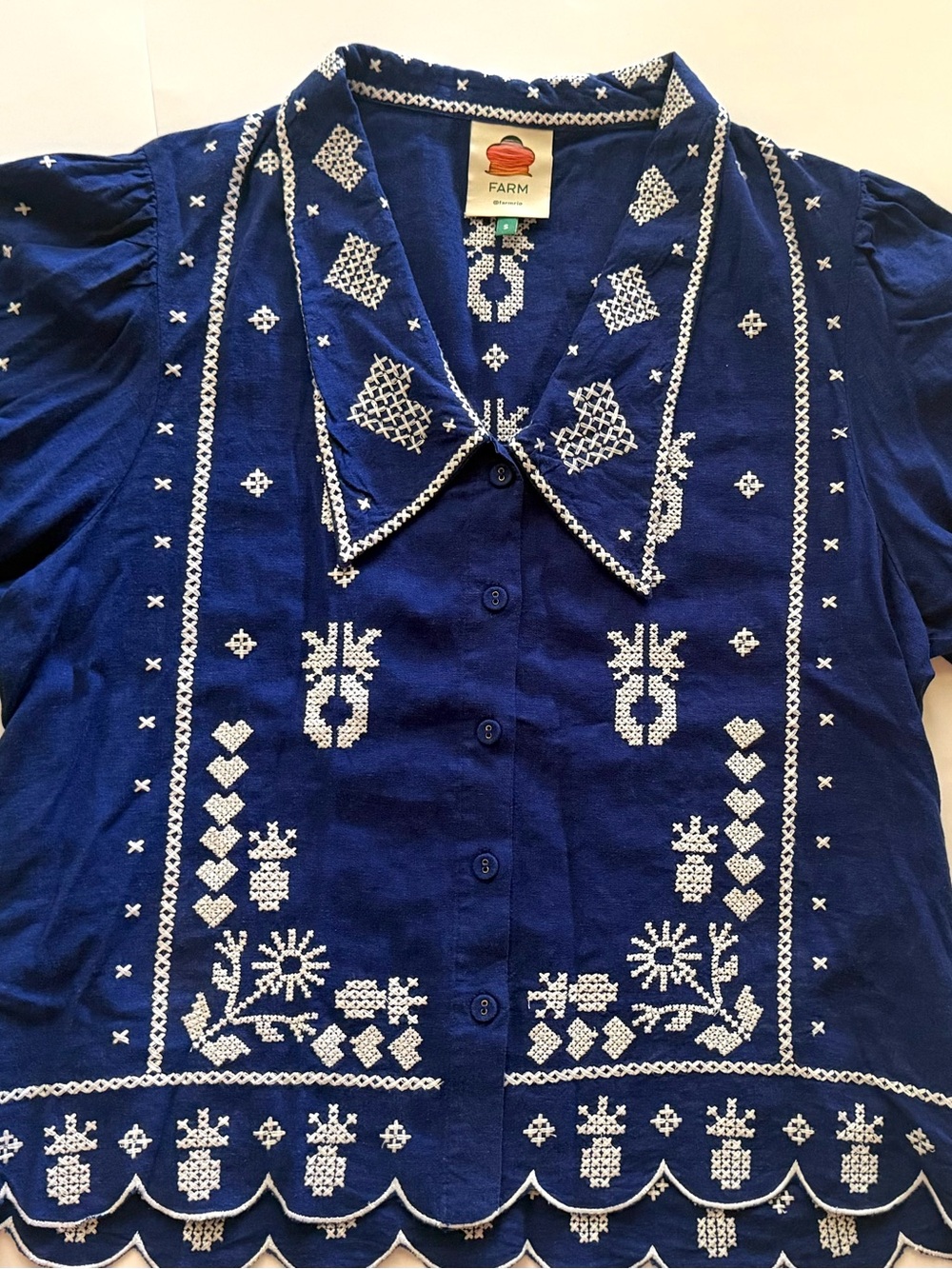 Farm Rio- Blue Embroidered Short-Sleeve Button-Up Shirt - Picture 3 of 16